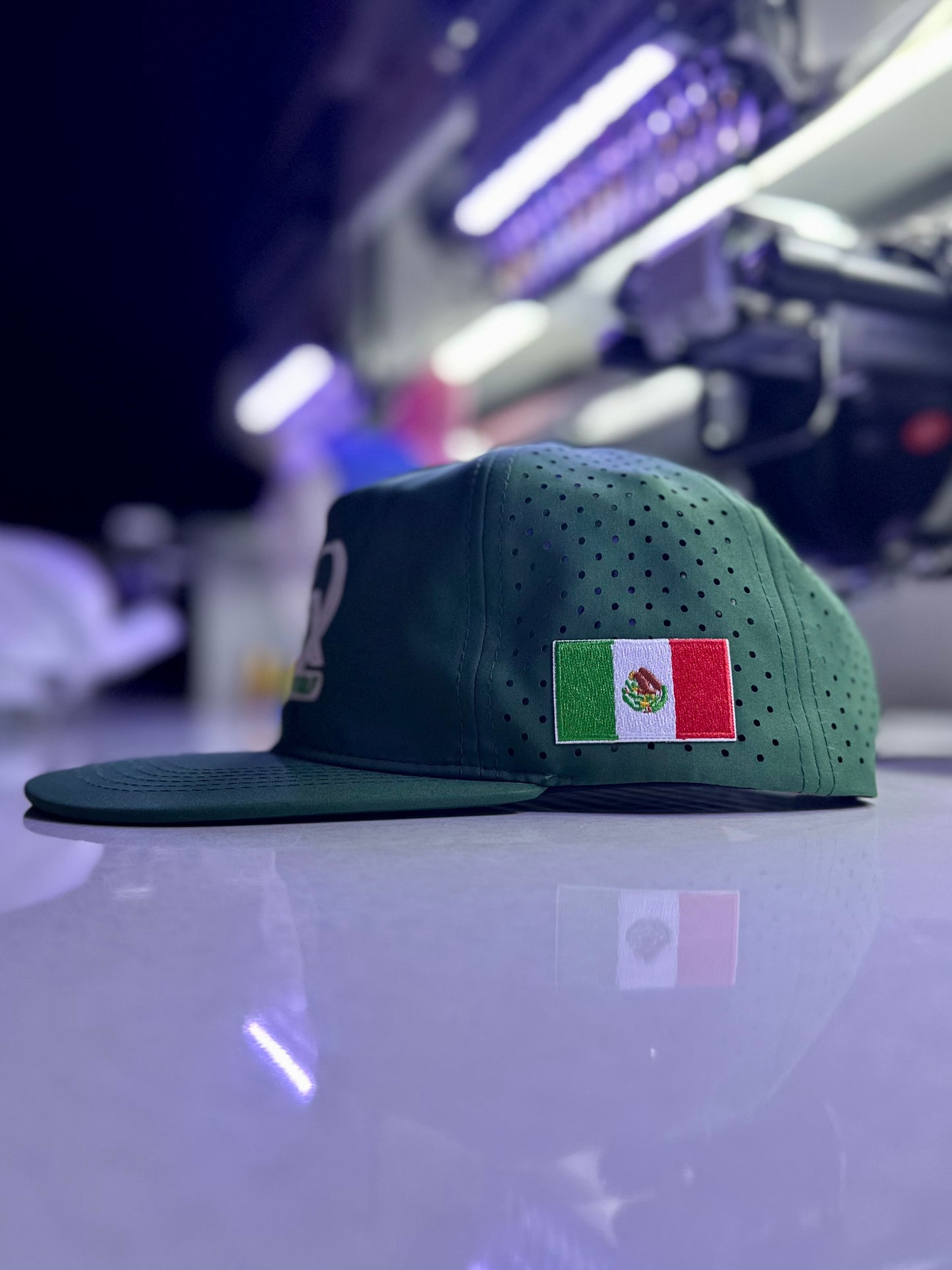 **LIMITED EDITION** GREEN MX HAT WITH WHITE LOGO AND MEXICO FLAG PATCH ON THE SIDE